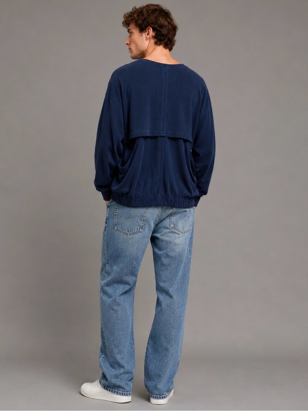 Helmut Lang Large Top Sweater Crew Neck Navy Blue Cotton Blend Slashed Back men